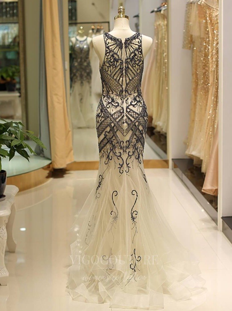 vigocouture-Champagne Mermaid Beaded Prom Dress 20277-Prom Dresses-vigocouture-