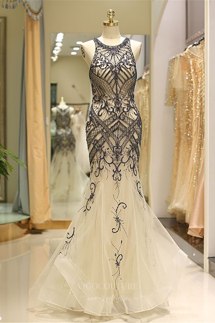 vigocouture-Champagne Mermaid Beaded Prom Dress 20277-Prom Dresses-vigocouture-Champagne-US2-
