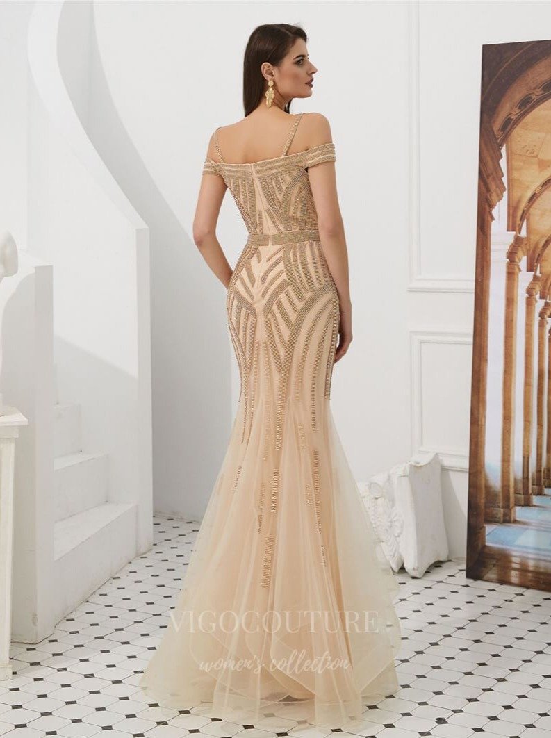 vigocouture-Champagne Mermaid Beaded Prom Dress 20284-Prom Dresses-vigocouture-