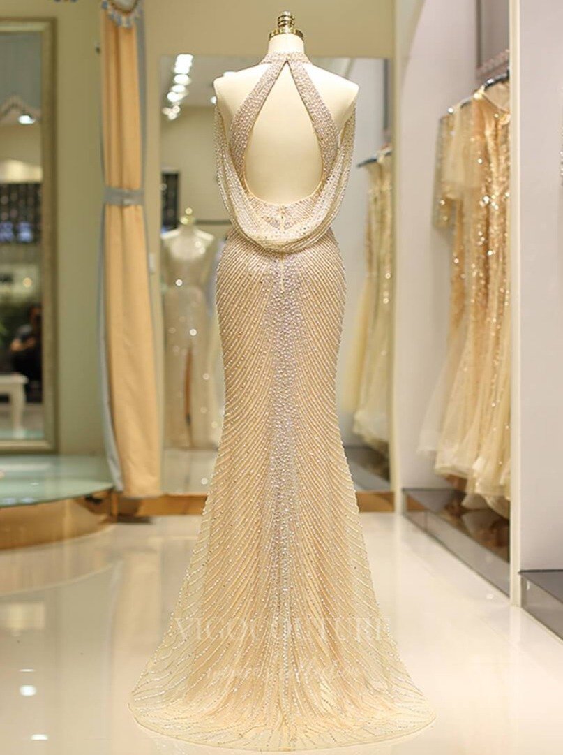 vigocouture-Champagne Mermaid Beaded Prom Dress 20289-Prom Dresses-vigocouture-