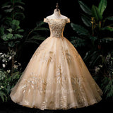 vigocouture-Champagne Off the Shoulder Quinceañera Dresses Lace Applique Ball Gown 20467-Prom Dresses-vigocouture-