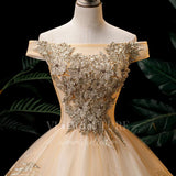 vigocouture-Champagne Off the Shoulder Quinceañera Dresses Lace Applique Ball Gown 20467-Prom Dresses-vigocouture-