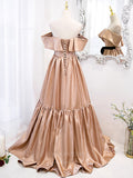 vigocouture-Champagne Off the Shoulder Satin Prom Dress 20872-Prom Dresses-vigocouture-