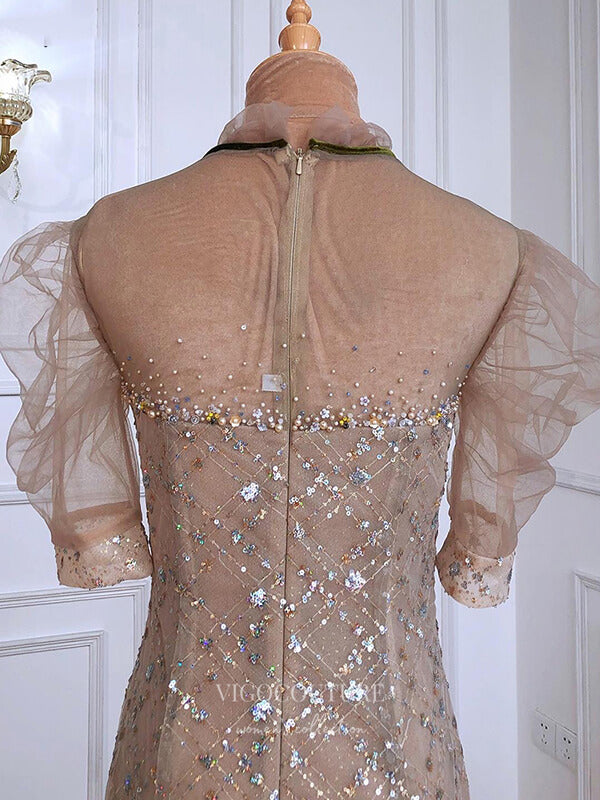 vigocouture-Champagne Puffed Sleeve Prom Dresses Beaded Mermaid Formal Dresses 21310-Prom Dresses-vigocouture-