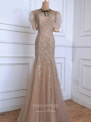 Champagne Puffed Sleeve Prom Dresses Beaded Mermaid Formal Dresses 21310