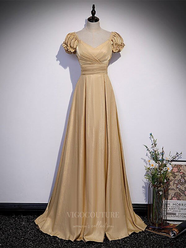 vigocouture-Champagne Puffed Sleeve Satin A-Line Prom Dress 20868-Prom Dresses-vigocouture-Champagne-Custom Size-