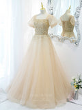 vigocouture-Champagne Sequin Tulle Puffed Sleeve Prom Dress 20876-Prom Dresses-vigocouture-