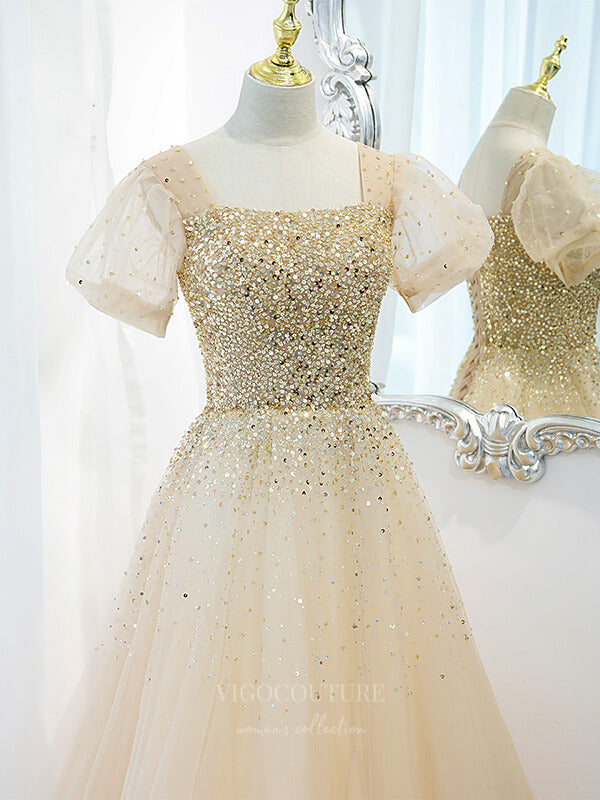vigocouture-Champagne Sequin Tulle Puffed Sleeve Prom Dress 20876-Prom Dresses-vigocouture-