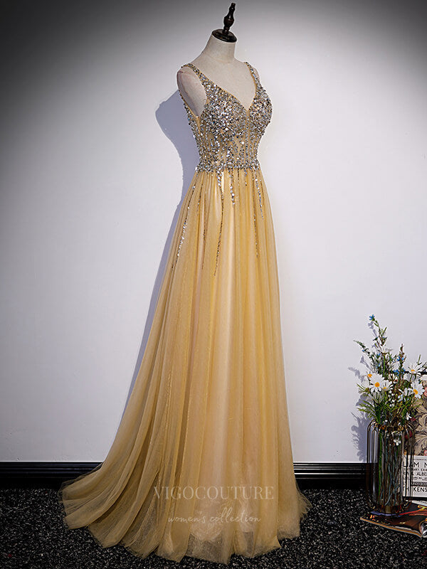 vigocouture-Champagne Sequin Tulle V-Neck Prom Dress 20889-Prom Dresses-vigocouture-