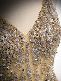 vigocouture-Champagne Sequin Tulle V-Neck Prom Dress 20889-Prom Dresses-vigocouture-