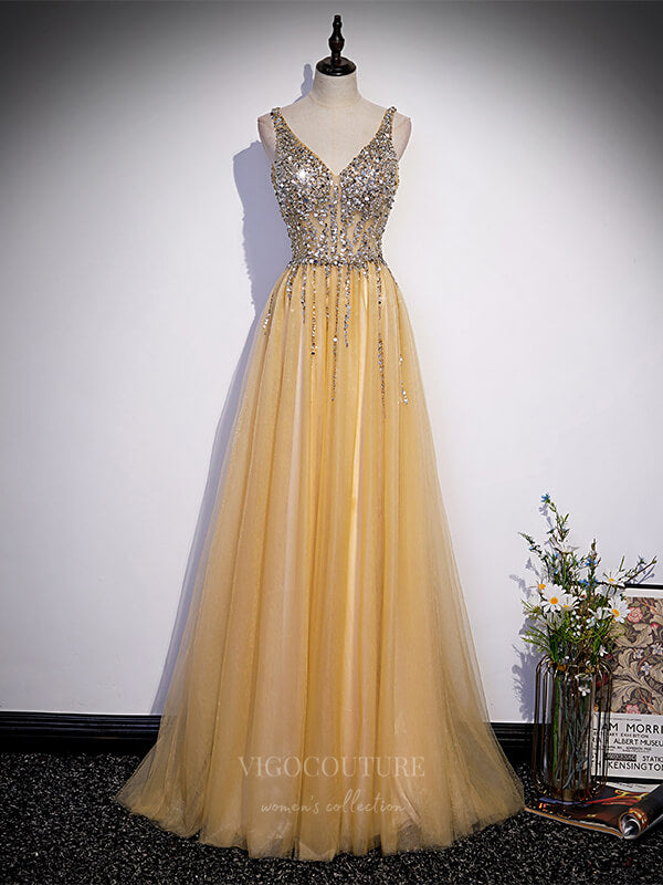 Sparkly Long Gold Tulle Prom Dress With Keyhold Back - $120.9816 #MYS69099  