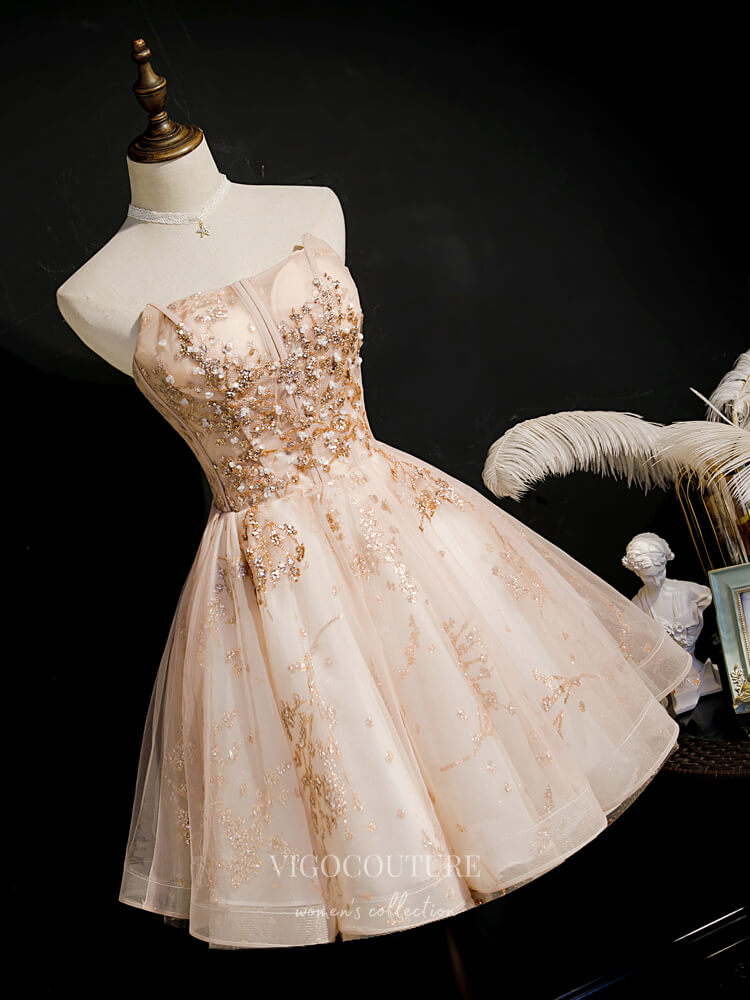 vigocouture-Champagne Sparkly Beaded Homecoming Dresses Strapless Dama Dresses hc109-Prom Dresses-vigocouture-