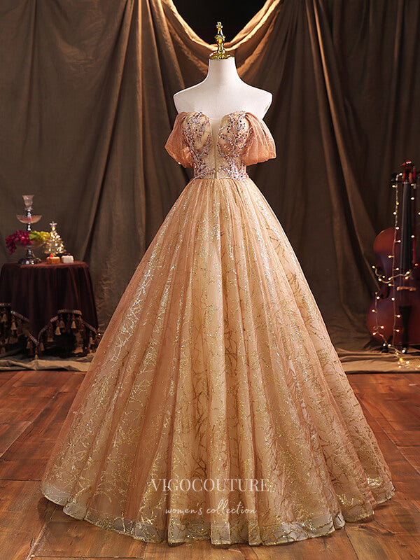 vigocouture-Champagne Sparkly Tulle Quinceanera Dresses Sequin Princess Dresses 21378-Prom Dresses-vigocouture-