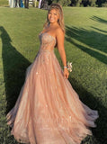 vigocouture-Champagne Sparkly Tulle Strapless Prom Dress 20824-Prom Dresses-vigocouture-Champagne-US2-