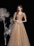vigocouture-Champagne Sparkly Tulle V-Neck Prom Dress 20721-Prom Dresses-vigocouture-