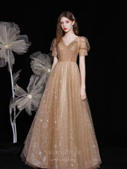 Champagne Sparkly Tulle V-Neck Prom Dress 20721
