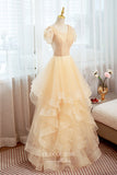 vigocouture-Champagne Tiered V-Neck Formal Dress Short Sleeve Prom Dresses 21637-Prom Dresses-vigocouture-