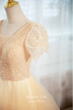 vigocouture-Champagne Tiered V-Neck Formal Dress Short Sleeve Prom Dresses 21637-Prom Dresses-vigocouture-