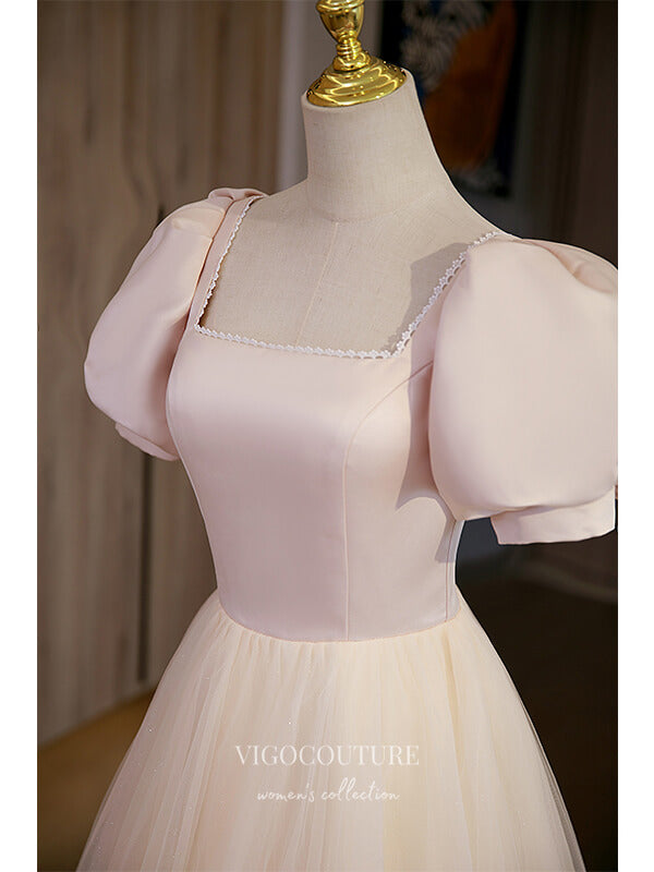vigocouture-Champagne Tulle Prom Dresses Puffed Sleeve Formal Dresses 21502-Prom Dresses-vigocouture-