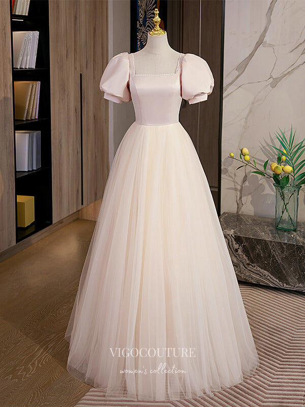 vigocouture-Champagne Tulle Prom Dresses Puffed Sleeve Formal Dresses 21502-Prom Dresses-vigocouture-Champagne-US2-
