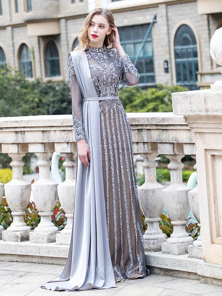 vigocouture-Convertible Beaded Long Sleeve Prom Dress 20787-Prom Dresses-vigocouture-Grey-US2-
