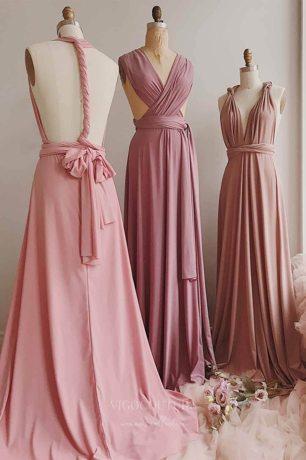 vigocouture-Convertible Bridesmaid Dress Stretchable Woven Dress Pleated Prom Dress Multiway Dress 20860-Blush-Prom Dresses-vigocouture-Custom Colors-US2-