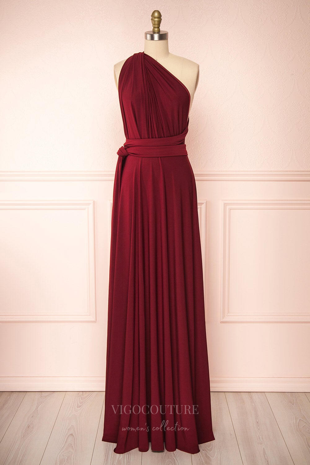 vigocouture-Convertible Bridesmaid Dress Stretchable Woven Dress Pleated Prom Dress Multiway Dress 20860-Prom Dresses-vigocouture-Burgundy-US2-