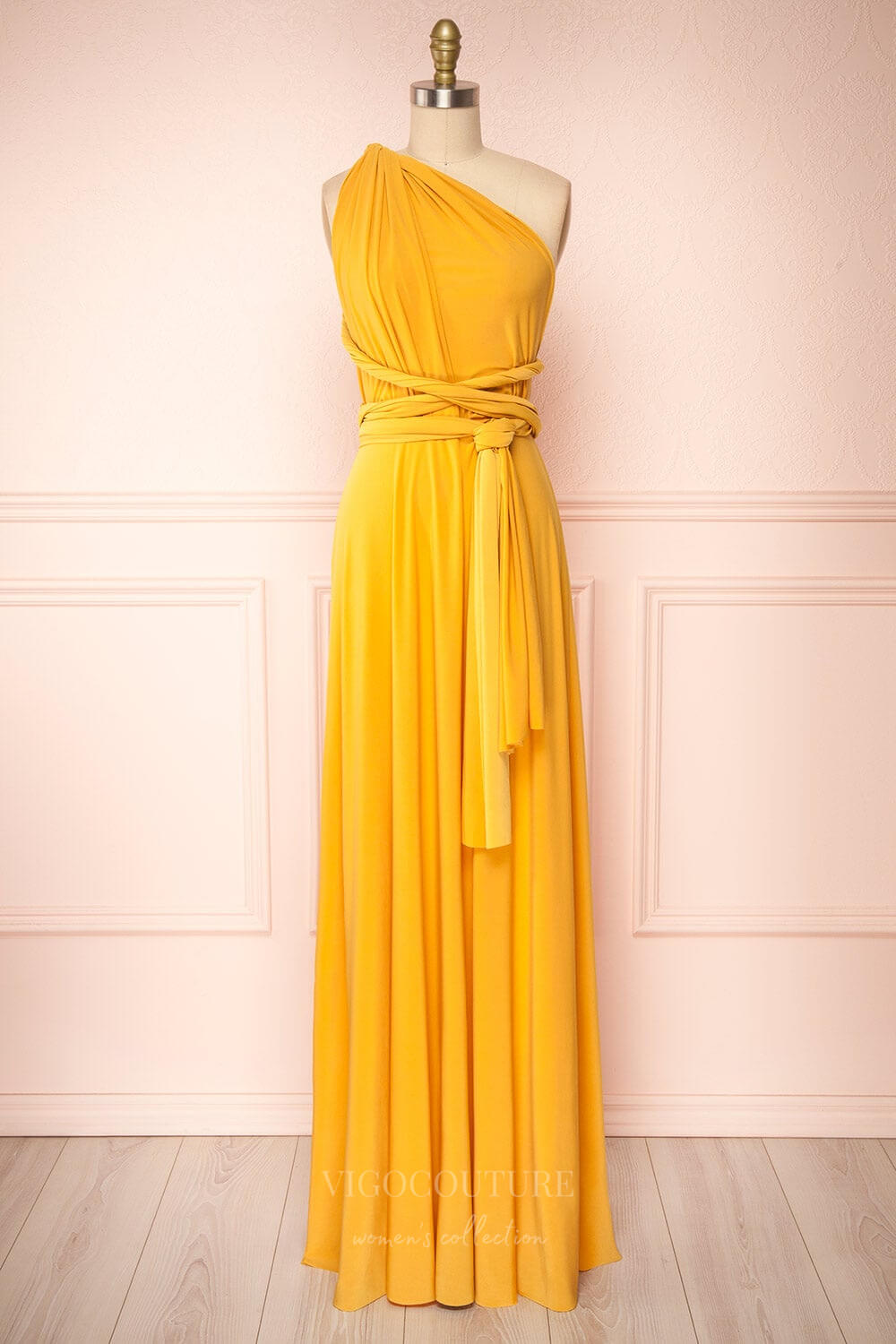 vigocouture-Convertible Bridesmaid Dress Stretchable Woven Dress Pleated Prom Dress Multiway Dress 20860-Prom Dresses-vigocouture-Yellow-US2-