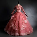 vigocouture-Coral Long Sleeve Quinceañera Dresses Lace Applique Ball Gown 20469-Prom Dresses-vigocouture-