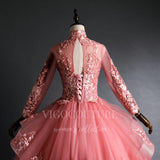 vigocouture-Coral Long Sleeve Quinceañera Dresses Lace Applique Ball Gown 20469-Prom Dresses-vigocouture-