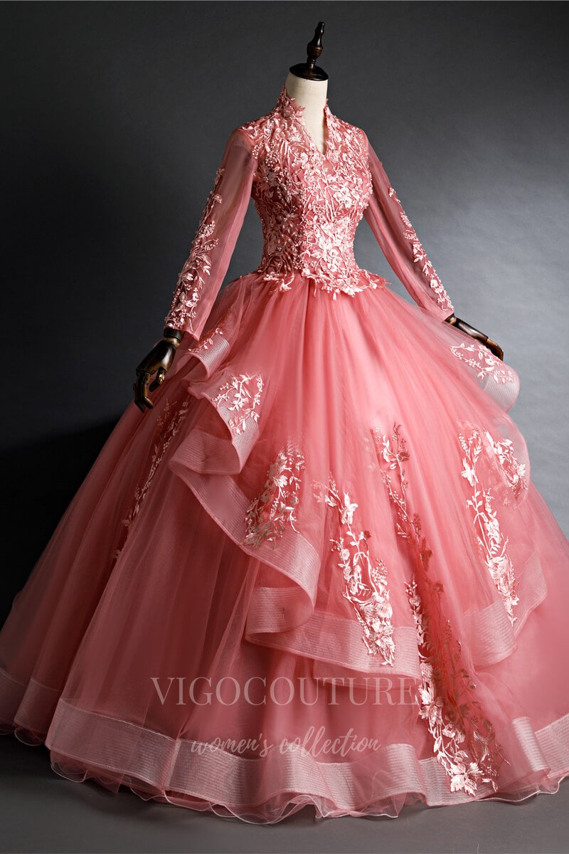 vigocouture-Coral Long Sleeve Quinceañera Dresses Lace Applique Ball Gown 20469-Prom Dresses-vigocouture-Coral-Custom Size-