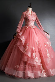Coral Long Sleeve Quinceañera Dresses Lace Applique Ball Gown 20469