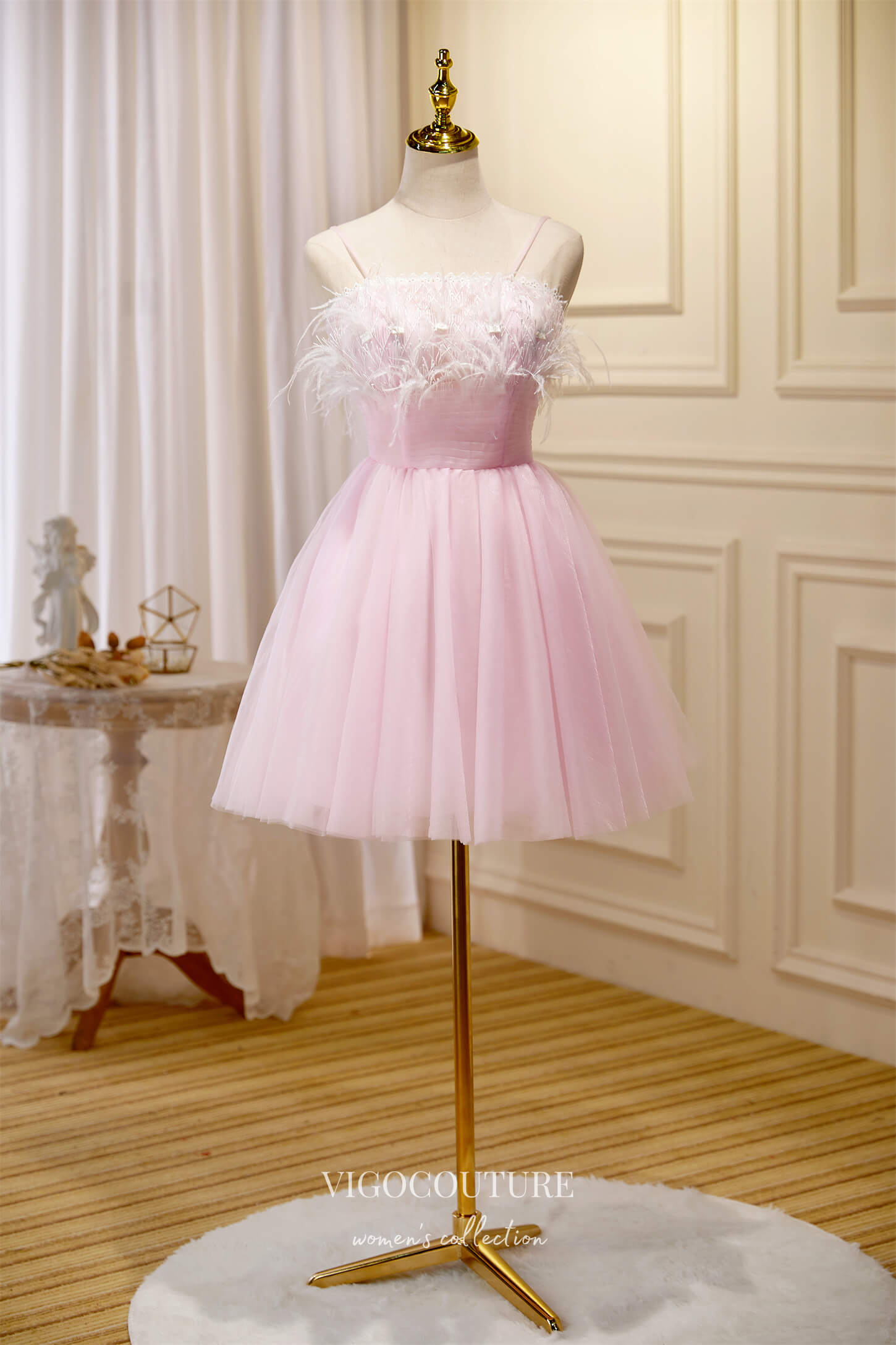 vigocouture-Cute Feather Hoco Dresses Spaghetti Strap Homecoming Dresses hc230-Prom Dresses-vigocouture-Blush-US0-