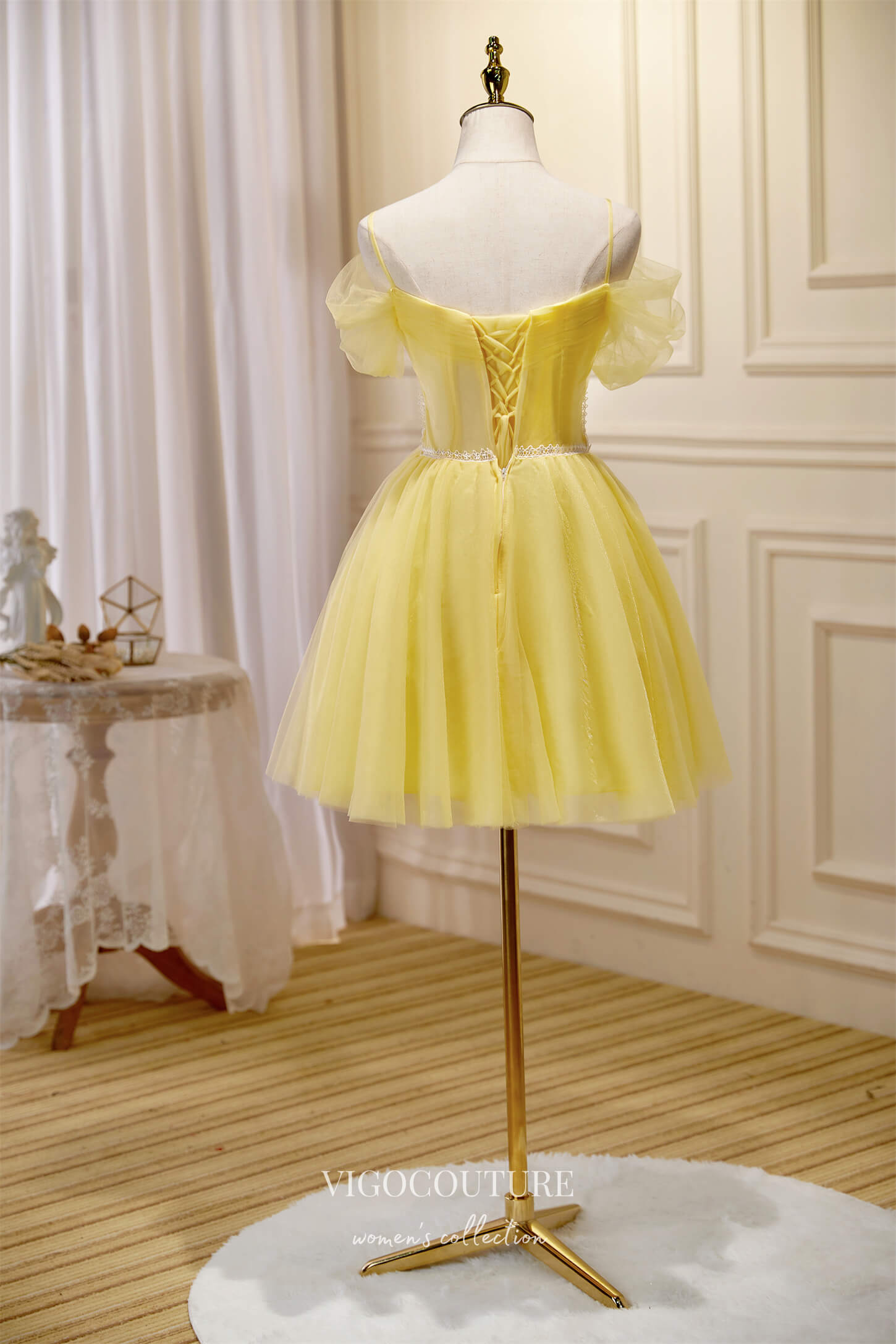 vigocouture-Cute Lace Applique Hoco Dresses Spaghetti Strap Homecoming Dresses hc232-Prom Dresses-vigocouture-