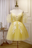 vigocouture-Cute Lace Applique Hoco Dresses Spaghetti Strap Homecoming Dresses hc233-Prom Dresses-vigocouture-Yellow-US0-