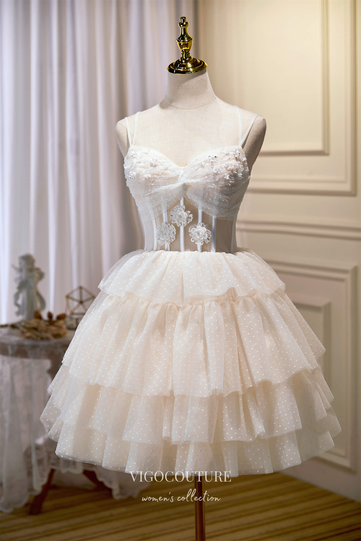 vigocouture-Cute Lace Applique Hoco Dresses Spaghetti Strap Homecoming Dresses hc234-Prom Dresses-vigocouture-