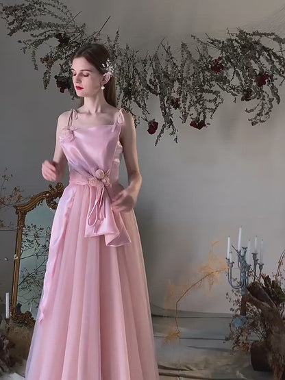 Blush Tulle Spaghetti Strap Floral Prom Dress 20737
