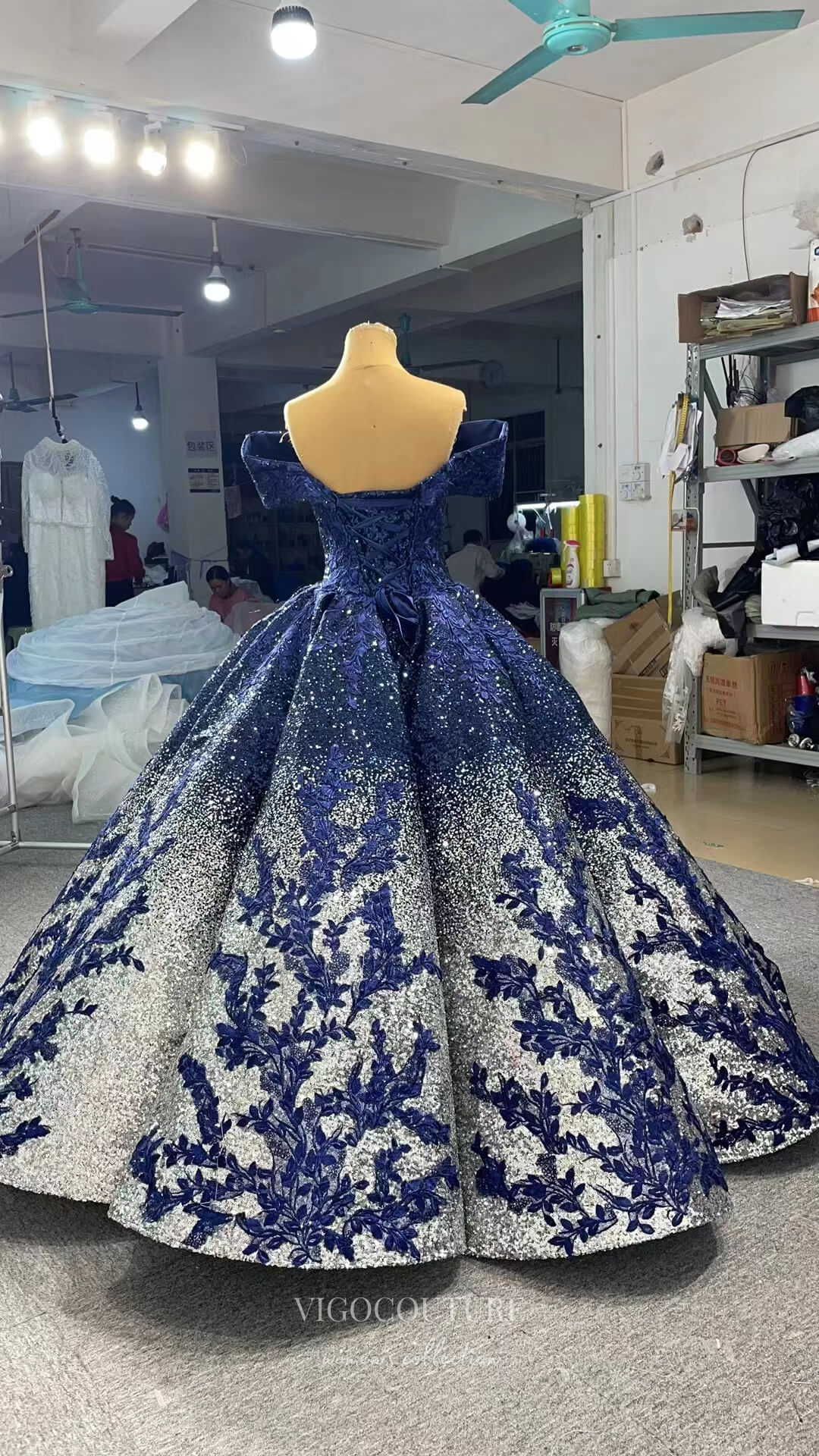 Royal Blue Lace Wedding Dresses Off The Shoulder Appliques Sequins Ball  Gowns