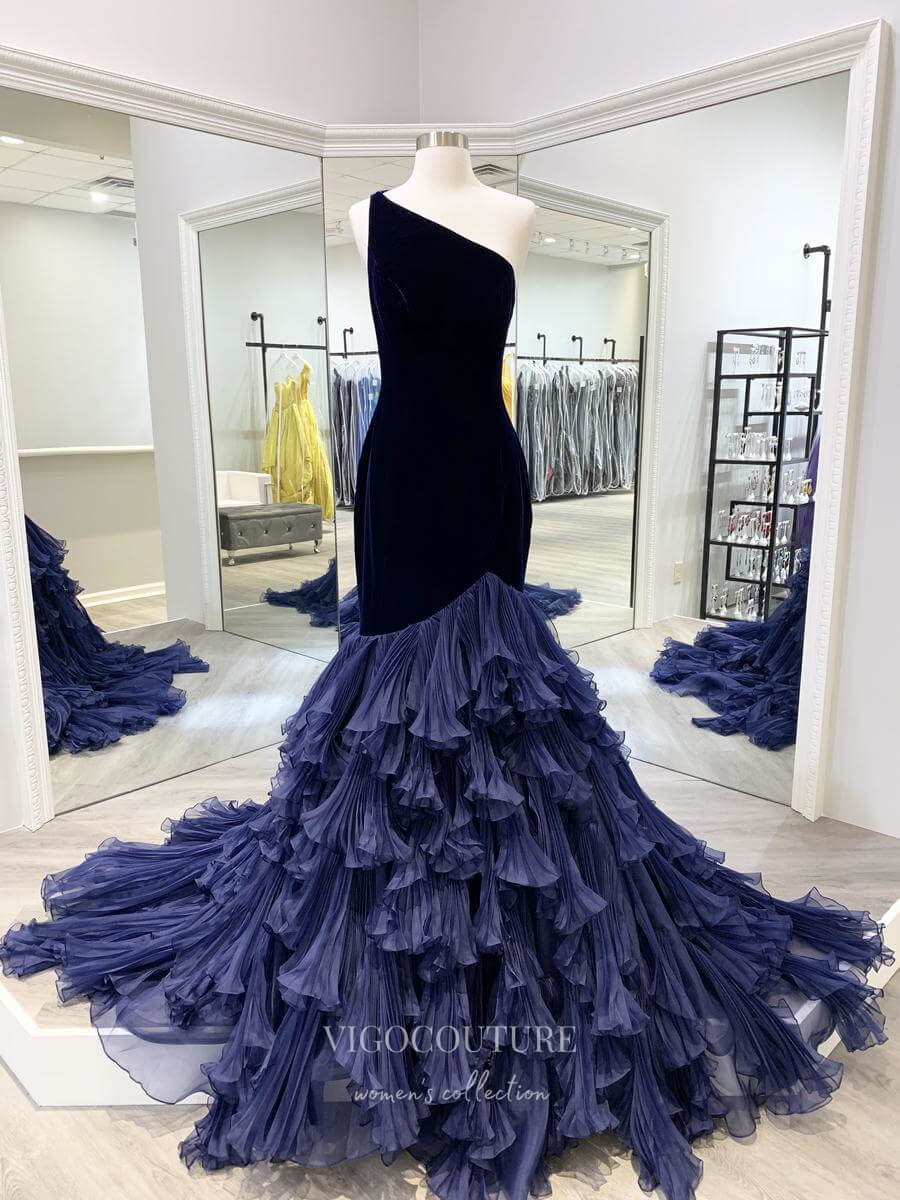 vigocouture-Dark Blue Mermaid Layered Ruffle Prom Dresses One Shoulder Evening Dress 21685-Prom Dresses-vigocouture-Blue-US2-