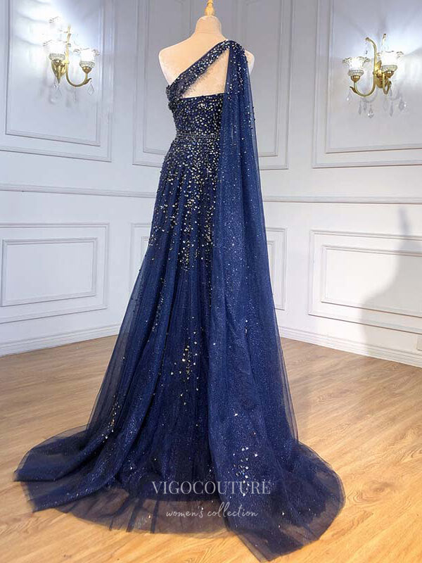vigocouture-Dark Blue Sequin Prom Dresses One Shoulder Evening Dresses 21195-Prom Dresses-vigocouture-