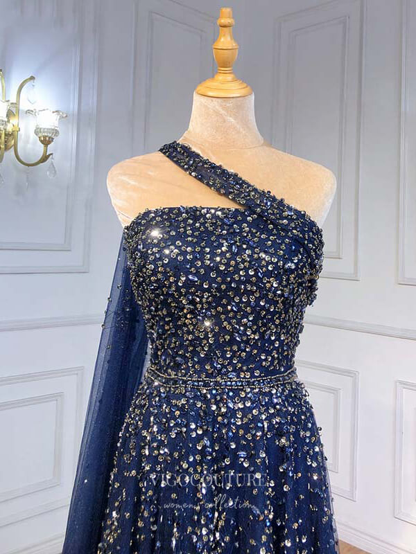 vigocouture-Dark Blue Sequin Prom Dresses One Shoulder Evening Dresses 21195-Prom Dresses-vigocouture-