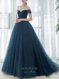 Dark Blue Tulle Prom Dresses Off the Shoulder Formal Gown 21853-Prom Dresses-vigocouture-Dusty Blue-US2-vigocouture