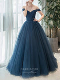 Dark Blue Tulle Prom Dresses Off the Shoulder Formal Gown 21853