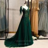 vigocouture-Dark Green Beaded Prom Dress 2022 Spaghetti Strap Formal Dress 20555-Prom Dresses-vigocouture-
