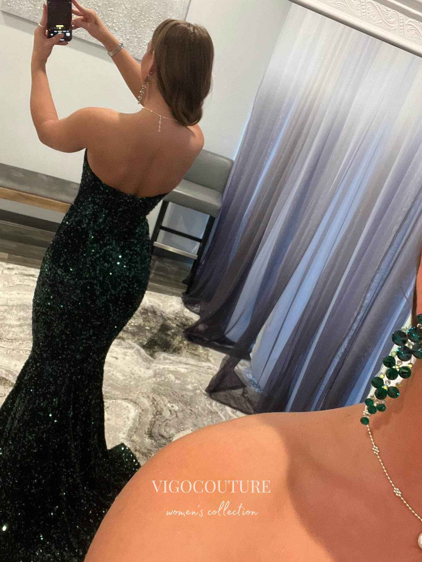 vigocouture-Dark Green Sequin Strapless Prom Dresses Mermaid Evening Dress 21569-Prom Dresses-vigocouture-
