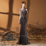 vigocouture-Dark Grey Beaded Mermaid Prom Dress 20148-Prom Dresses-vigocouture-