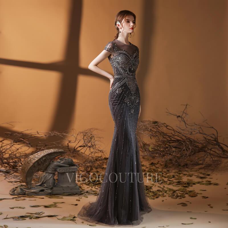 vigocouture-Dark Grey Beaded Mermaid Prom Dress 20148-Prom Dresses-vigocouture-