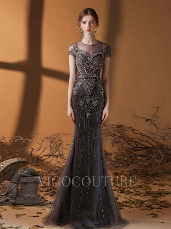 vigocouture-Dark Grey Beaded Mermaid Prom Dress 20148-Prom Dresses-vigocouture-Grey-US2-