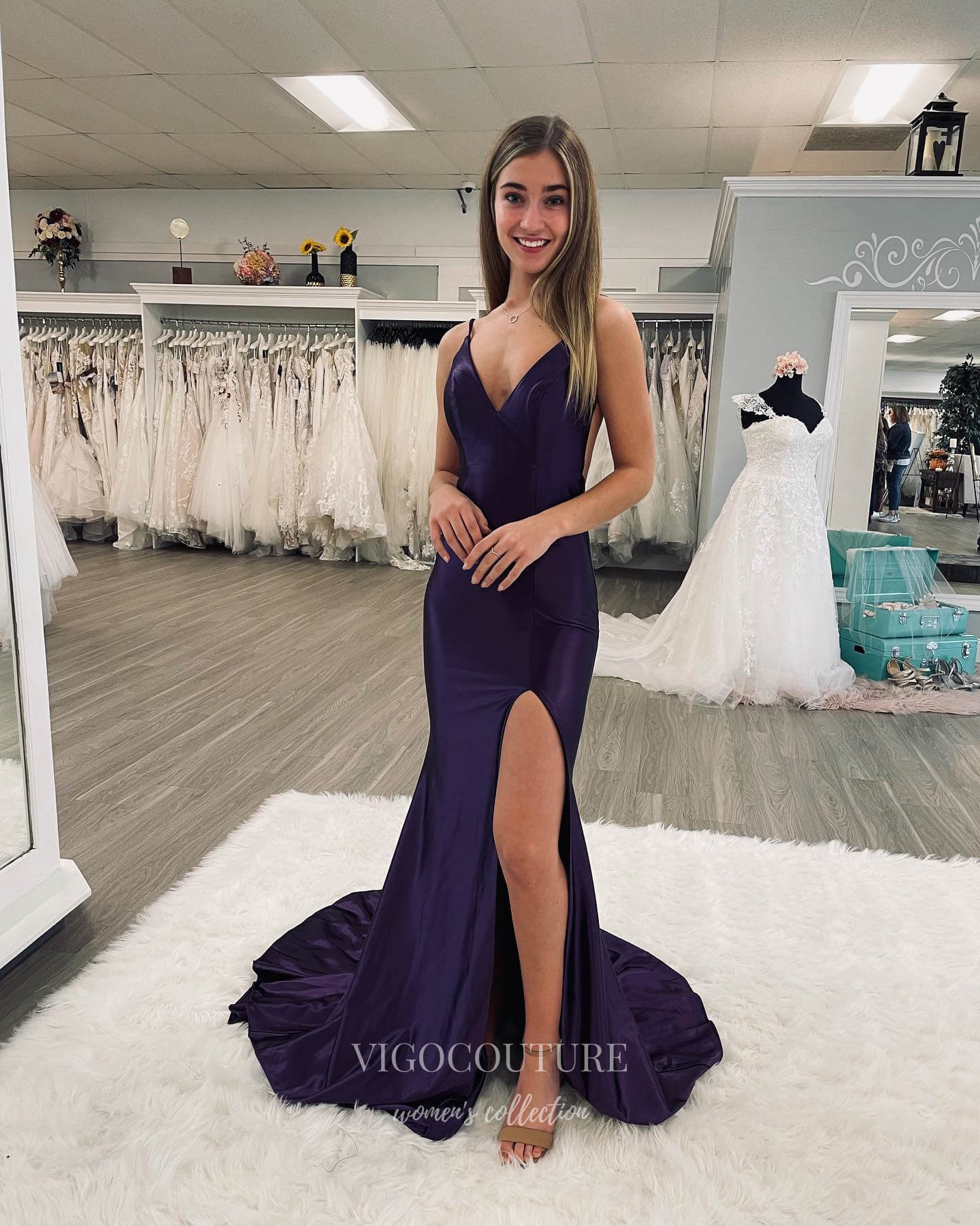 Dark Purple Satin Prom Dresses Spaghetti Strap Mermaid Evening Dress 21951  - Purple / US2