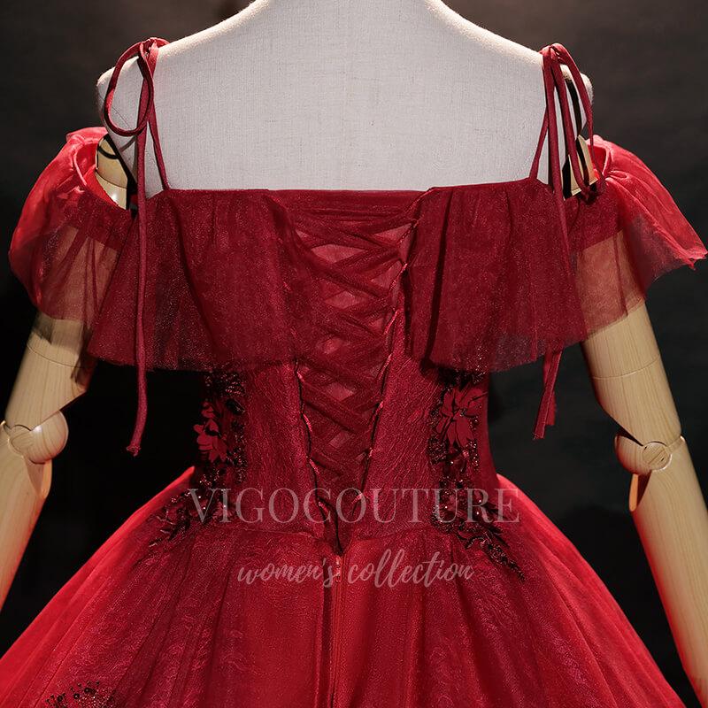vigocouture-Dark Red Lace Applique Quinceañera Dresses Spaghetti Strap Ball Gown 20483-Prom Dresses-vigocouture-